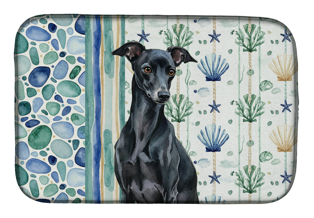 Black Italian Greyhound Coastal Sea Glass Dish Drying Mat Absorbent Dish Drying Mat Pad for Kitchen Counter Dish Drainer Mat for Countertop, 14 x 21", Multicolor