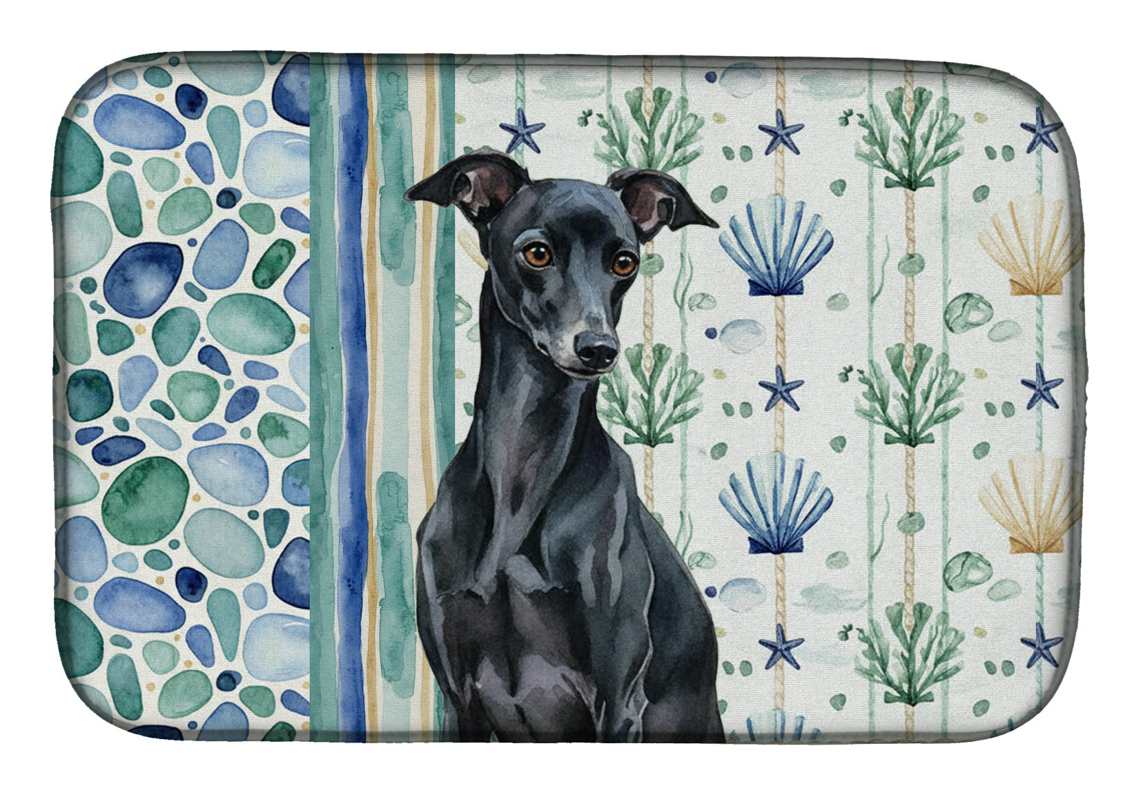 Black Italian Greyhound Coastal Sea Glass Dish Drying Mat Absorbent Dish Drying Mat Pad for Kitchen Counter Dish Drainer Mat for Countertop, 14 x 21", Multicolor