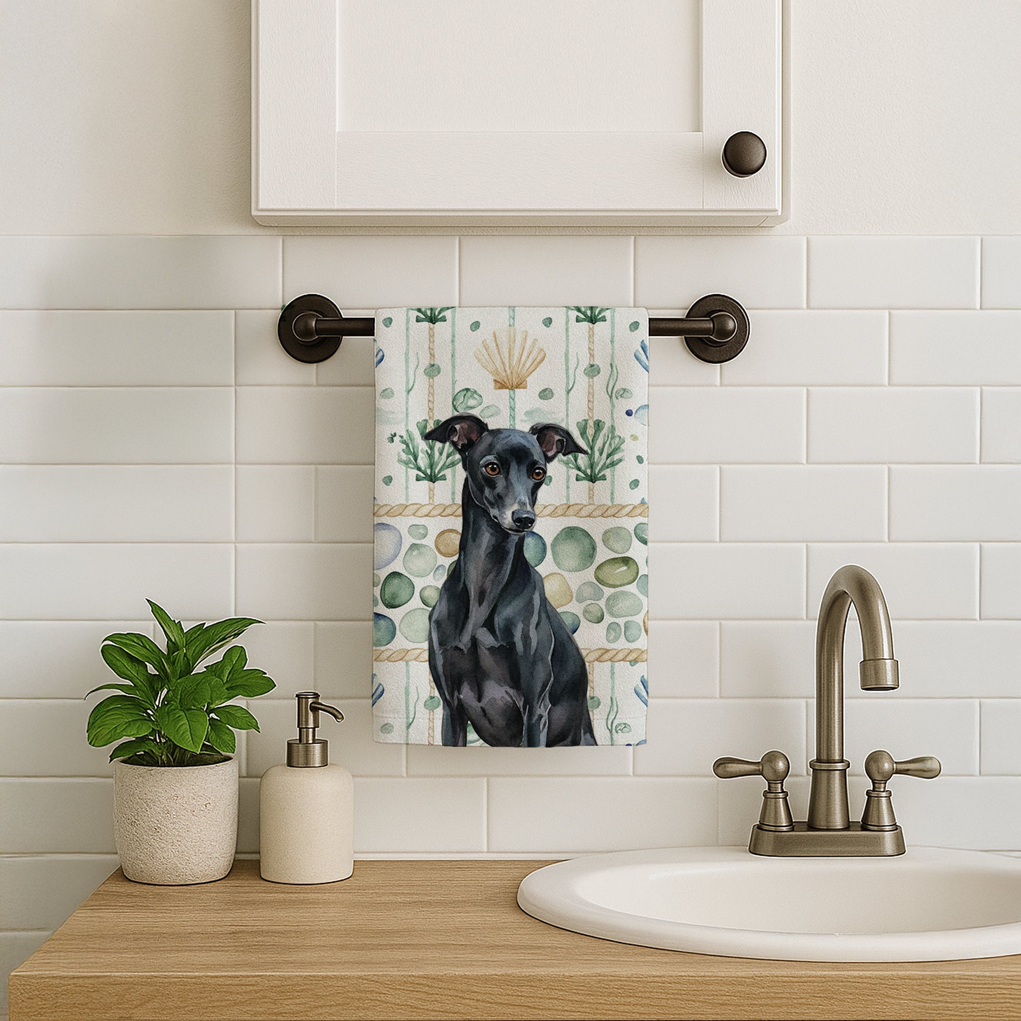 Black Italian Greyhound Coastal Sea Glass Kitchen Towel Velour Plush Front and Cotton Loop Back Machine Washable