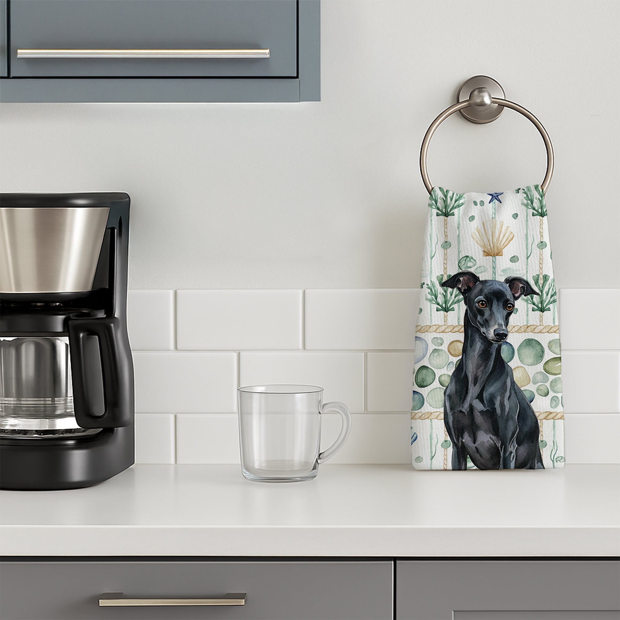 Black Italian Greyhound Coastal Sea Glass Kitchen Towel Velour Plush Front and Cotton Loop Back Machine Washable