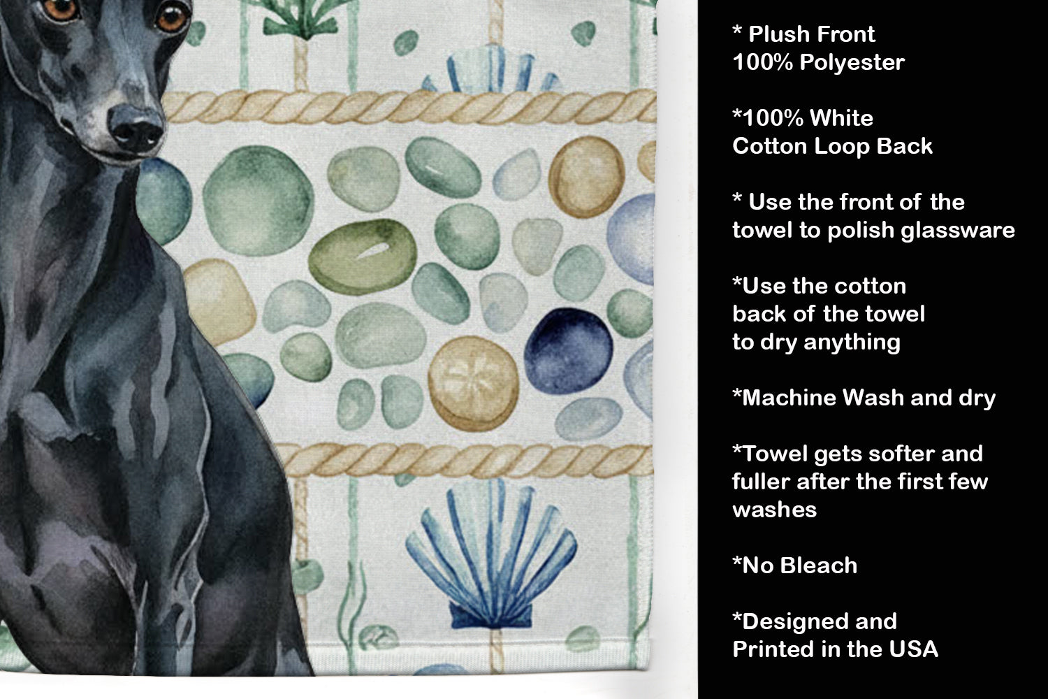 Black Italian Greyhound Coastal Sea Glass Kitchen Towel Velour Plush Front and Cotton Loop Back Machine Washable