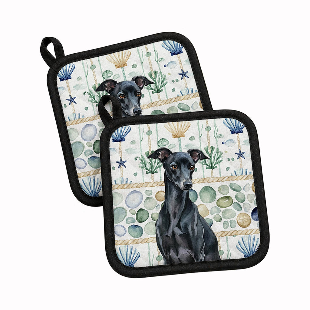Black Italian Greyhound Coastal Sea Glass Pot Holder Set of 2 Heat Resistant Quilted Hot Pads 7.5 x 7.5 Inch, Insulated Kitchen Trivets for Cooking & Baking