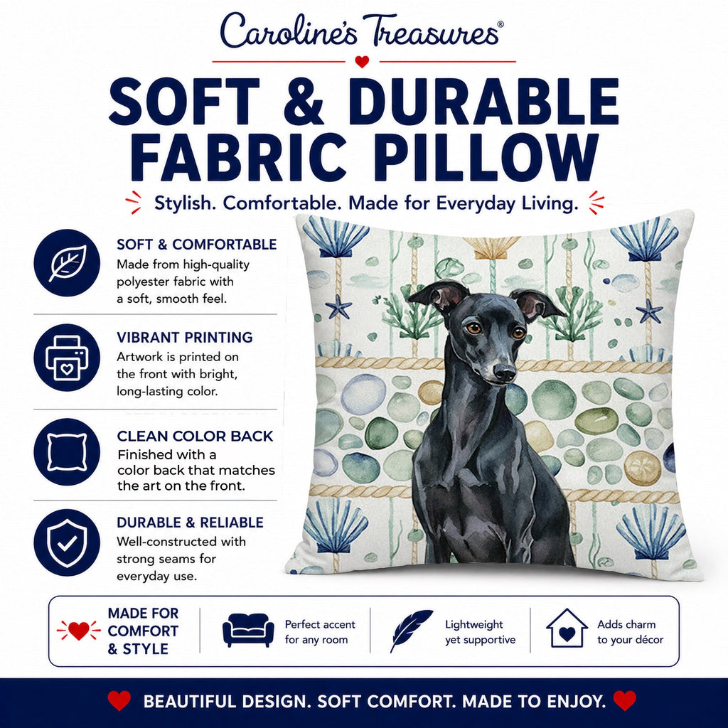 Black Italian Greyhound Coastal Sea Glass Decorative Throw Pillow 14x14 Indoor Outdoor Accent Cushion, Fabric Cover with Insert for Sofa, Bed, Porch & Living Room