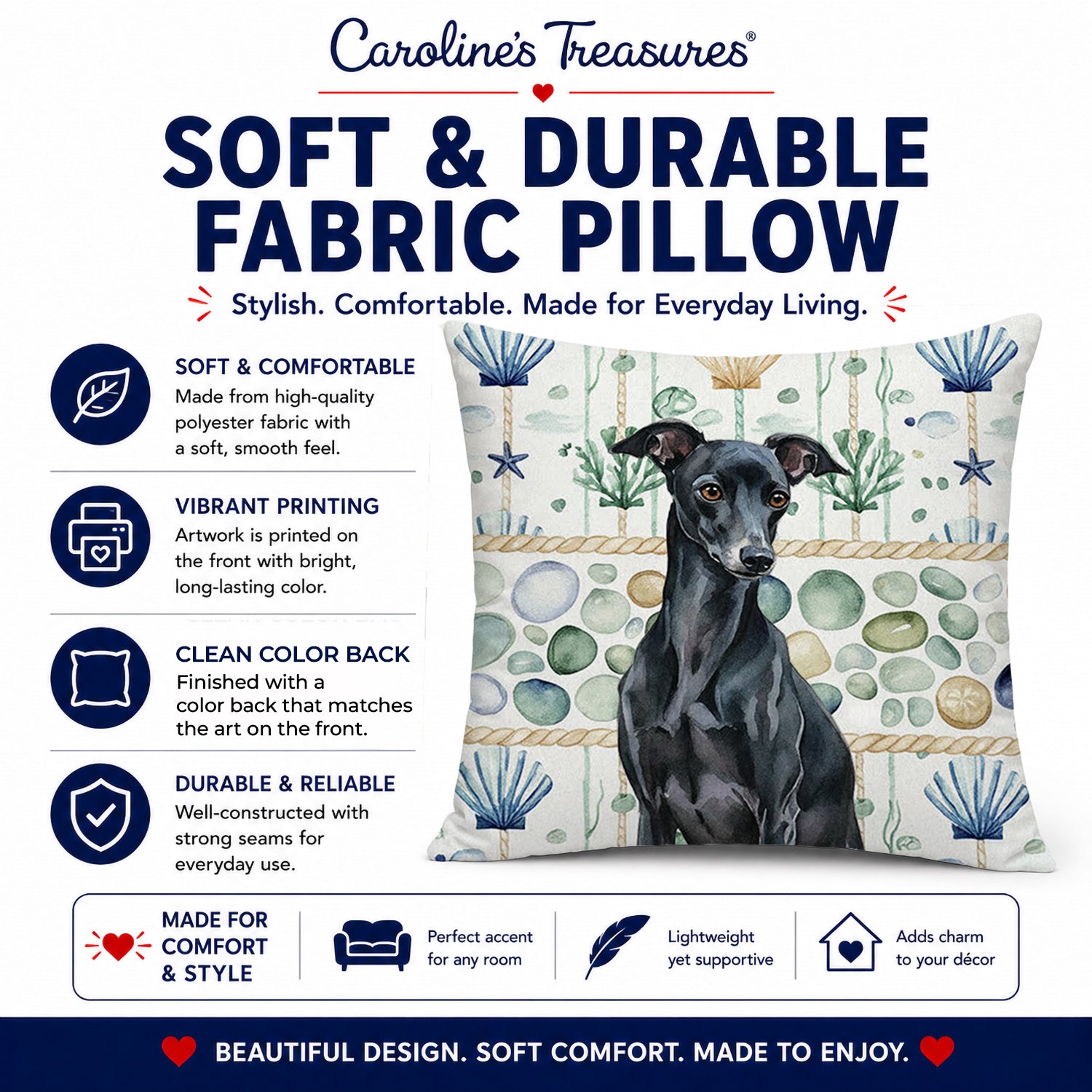 Black Italian Greyhound Coastal Sea Glass Decorative Throw Pillow 18x18 Indoor Outdoor Accent Cushion, Fabric Cover with Insert for Sofa, Bed, Porch & Living Room