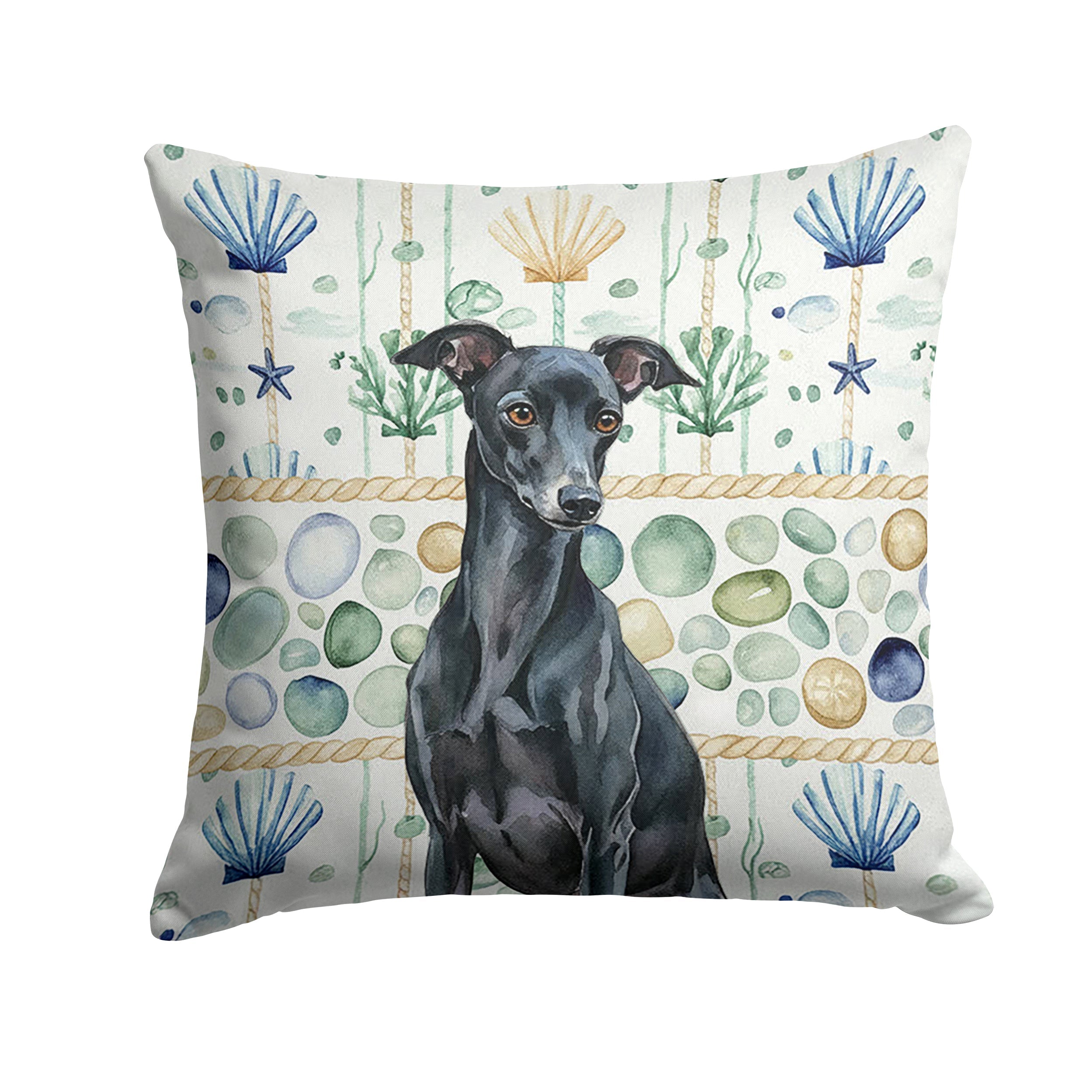 Black Italian Greyhound Coastal Sea Glass Decorative Throw Pillow 18x18 Indoor Outdoor Accent Cushion, Fabric Cover with Insert for Sofa, Bed, Porch & Living Room