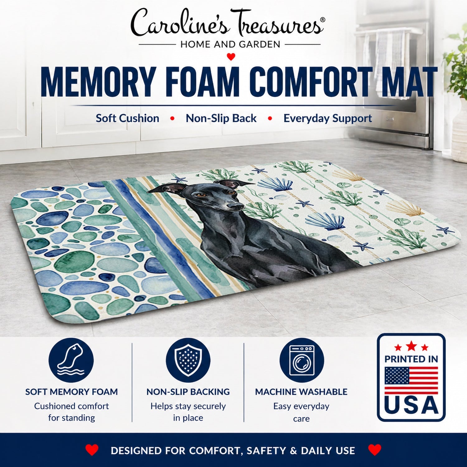 Black Italian Greyhound Coastal Sea Glass Memory Foam Kitchen Mat Machine Washable Anti-Fatigue Cushion Comfort Bath or Kitchen Rug
