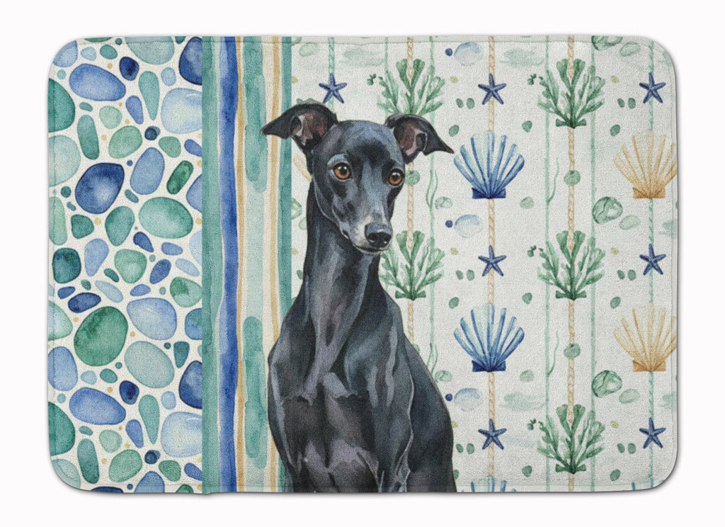 Black Italian Greyhound Coastal Sea Glass Memory Foam Kitchen Mat Machine Washable Anti-Fatigue Cushion Comfort Bath or Kitchen Rug