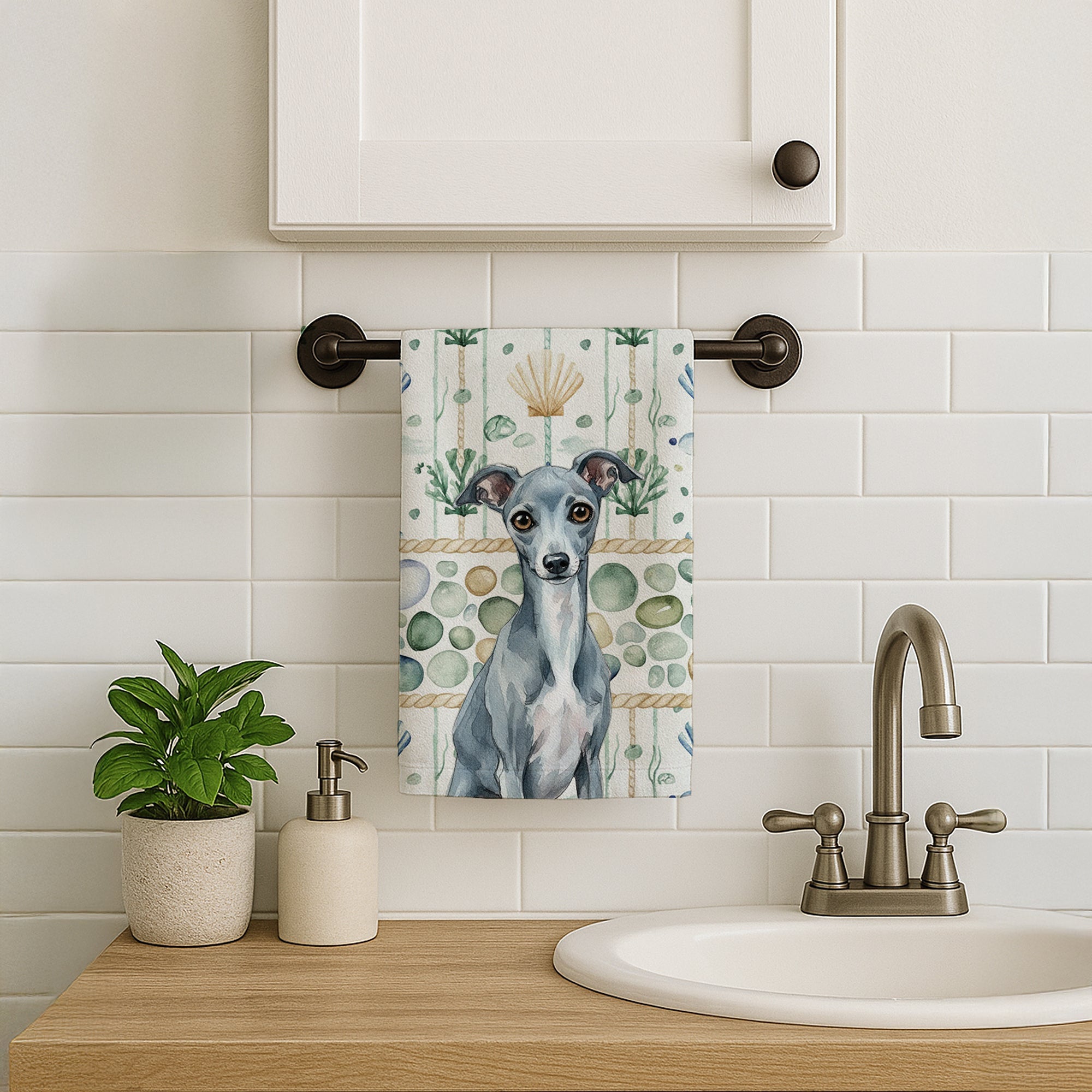 Blue Italian Greyhound Coastal Sea Glass Kitchen Towel Velour Plush Front and Cotton Loop Back Machine Washable