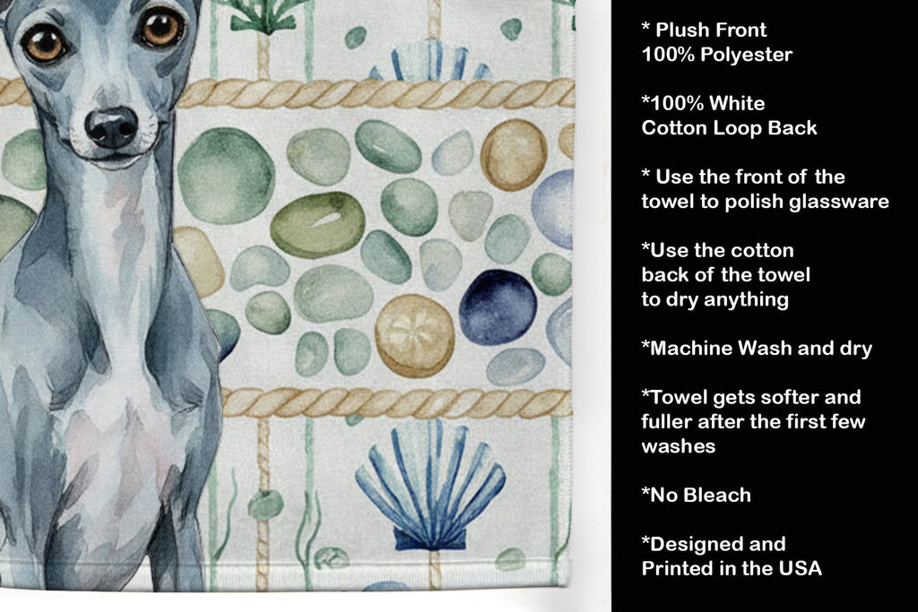 Blue Italian Greyhound Coastal Sea Glass Kitchen Towel Velour Plush Front and Cotton Loop Back Machine Washable