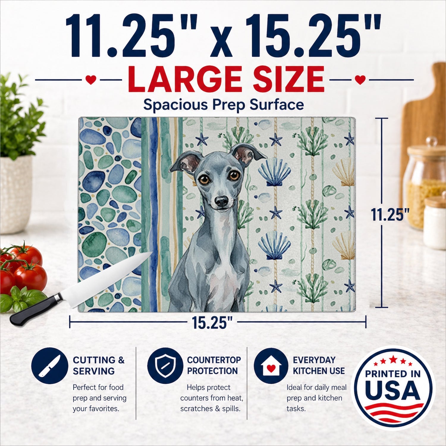 Blue Italian Greyhound Coastal Sea Glass Cutting Board Tempered Glass Kitchen Cutting Surface, Heat Resistant Chopping, Non-Slip Feet, Food Prep & Serving