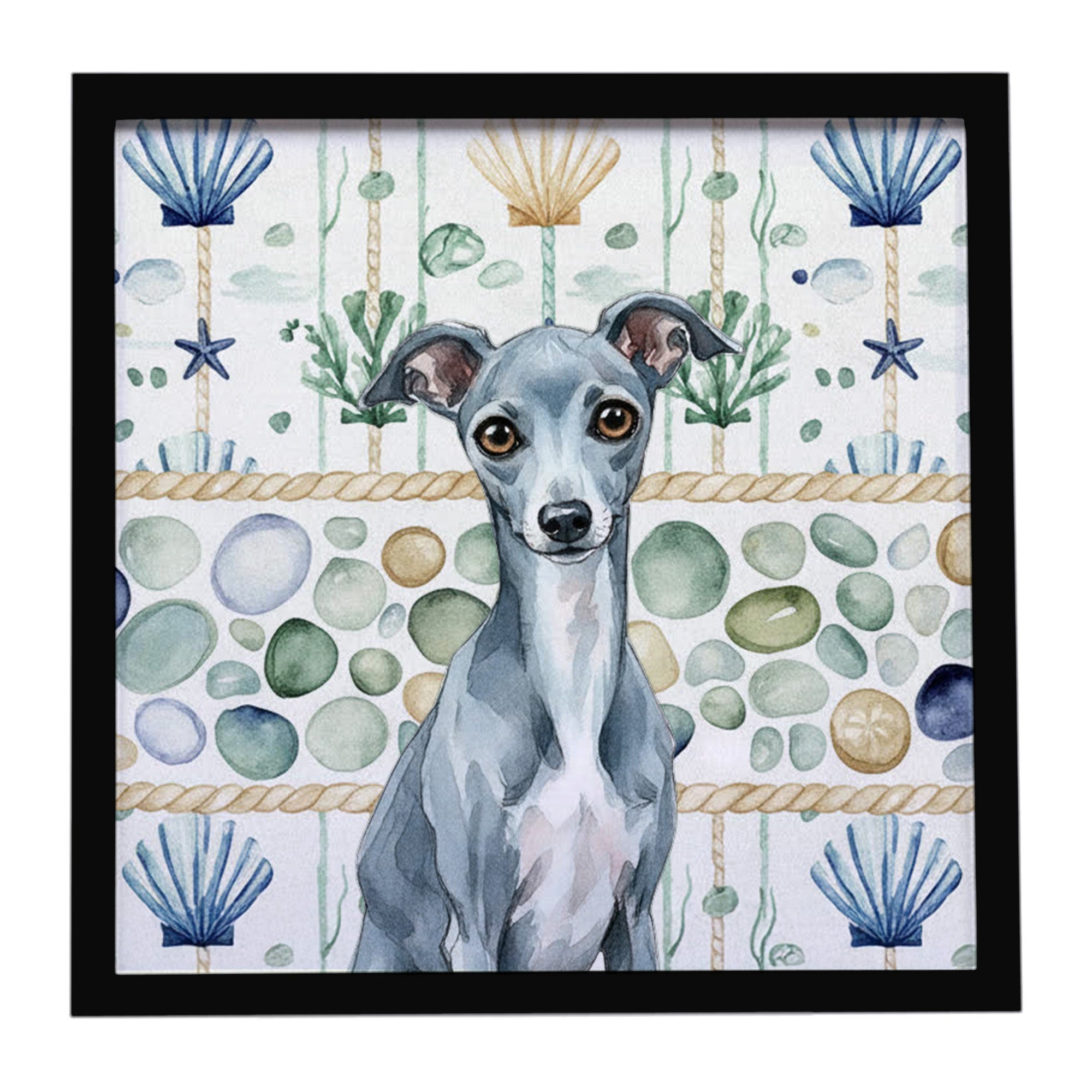 Blue Italian Greyhound Coastal Sea Glass Framed Metal Print Bathroom, Kitchen, Office, Home Decor Wall Art Ready to Hang, Square, 8X8