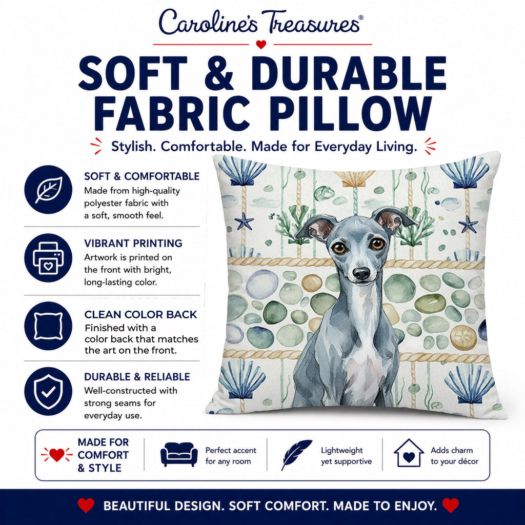 Blue Italian Greyhound Coastal Sea Glass Decorative Throw Pillow 14x14 Indoor Outdoor Accent Cushion, Fabric Cover with Insert for Sofa, Bed, Porch & Living Room