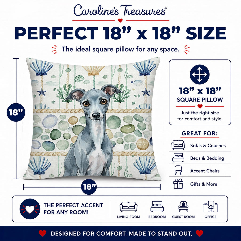Blue Italian Greyhound Coastal Sea Glass Decorative Throw Pillow 18x18 Indoor Outdoor Accent Cushion, Fabric Cover with Insert for Sofa, Bed, Porch & Living Room