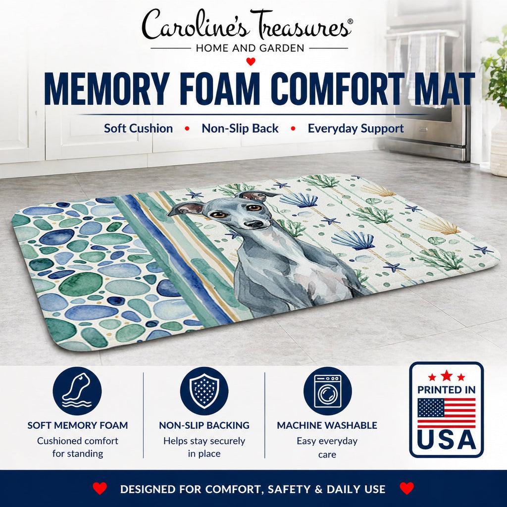 Blue Italian Greyhound Coastal Sea Glass Memory Foam Kitchen Mat Machine Washable Anti-Fatigue Cushion Comfort Bath or Kitchen Rug