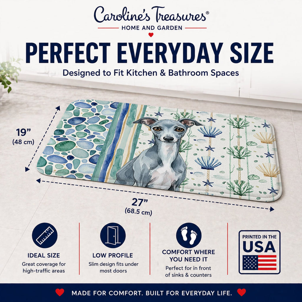 Blue Italian Greyhound Coastal Sea Glass Memory Foam Kitchen Mat Machine Washable Anti-Fatigue Cushion Comfort Bath or Kitchen Rug