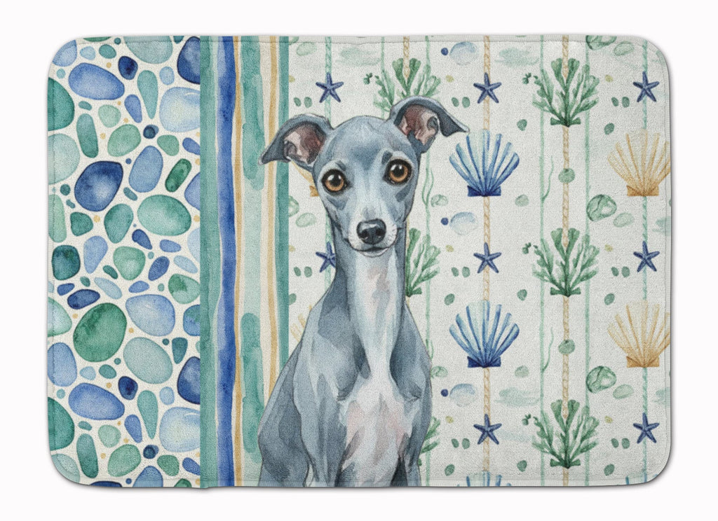 Blue Italian Greyhound Coastal Sea Glass Memory Foam Kitchen Mat Machine Washable Anti-Fatigue Cushion Comfort Bath or Kitchen Rug