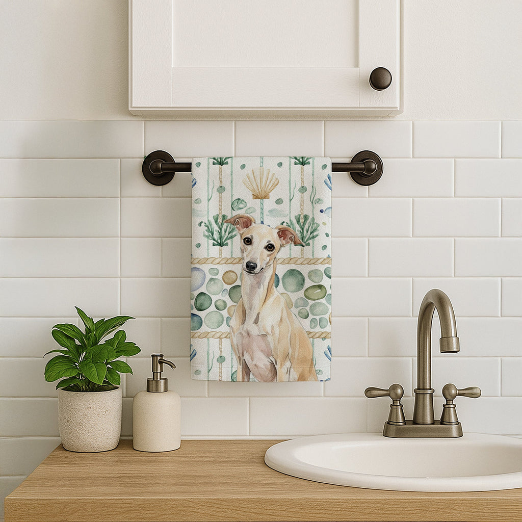Cream Italian Greyhound Coastal Sea Glass Kitchen Towel Velour Plush Front and Cotton Loop Back Machine Washable