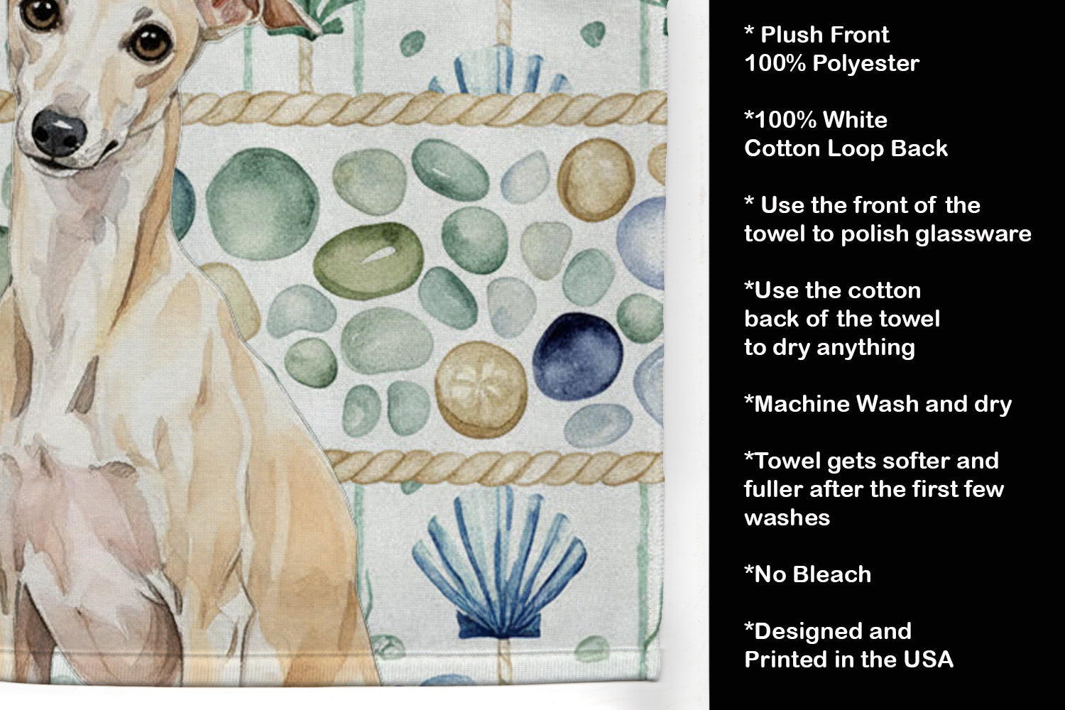 Cream Italian Greyhound Coastal Sea Glass Kitchen Towel Velour Plush Front and Cotton Loop Back Machine Washable