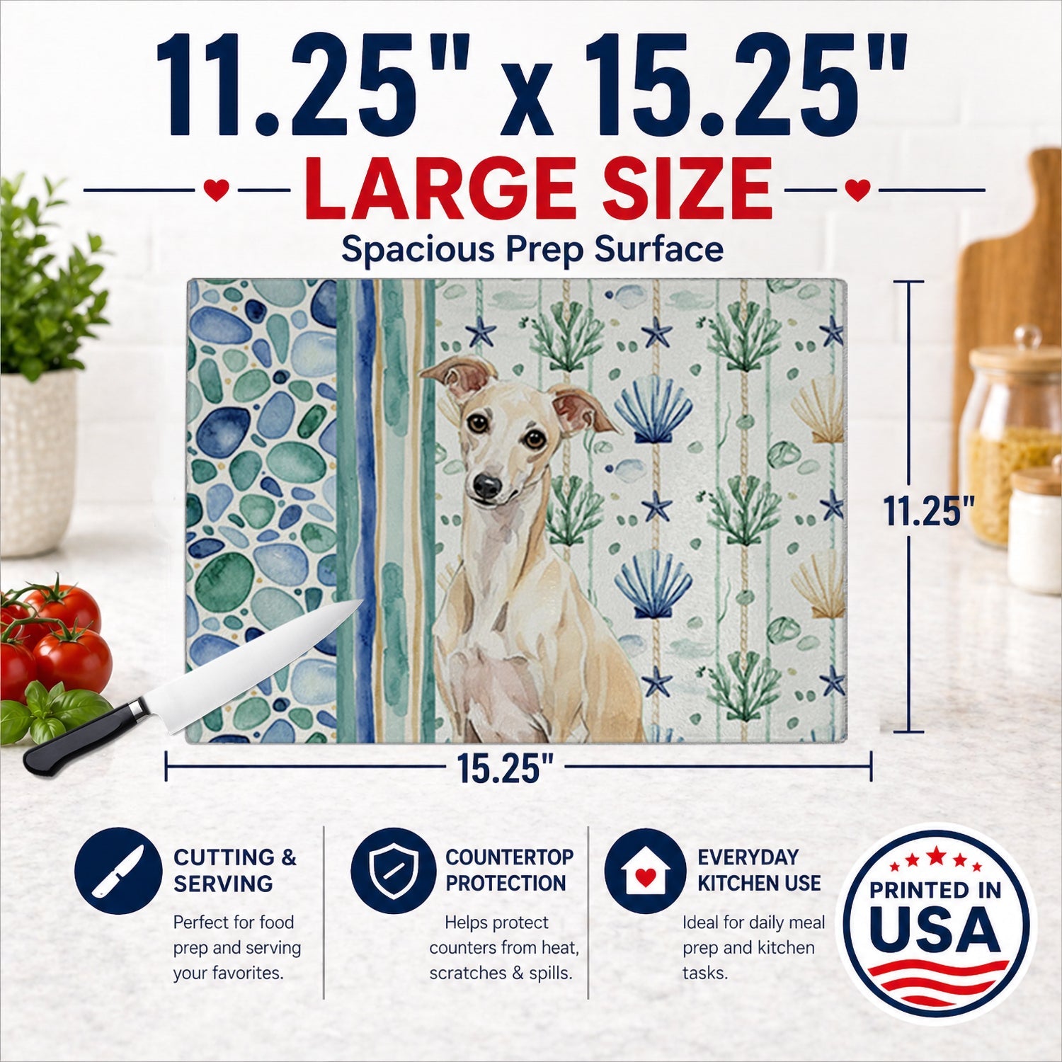 Cream Italian Greyhound Coastal Sea Glass Cutting Board Tempered Glass Kitchen Cutting Surface, Heat Resistant Chopping, Non-Slip Feet, Food Prep & Serving