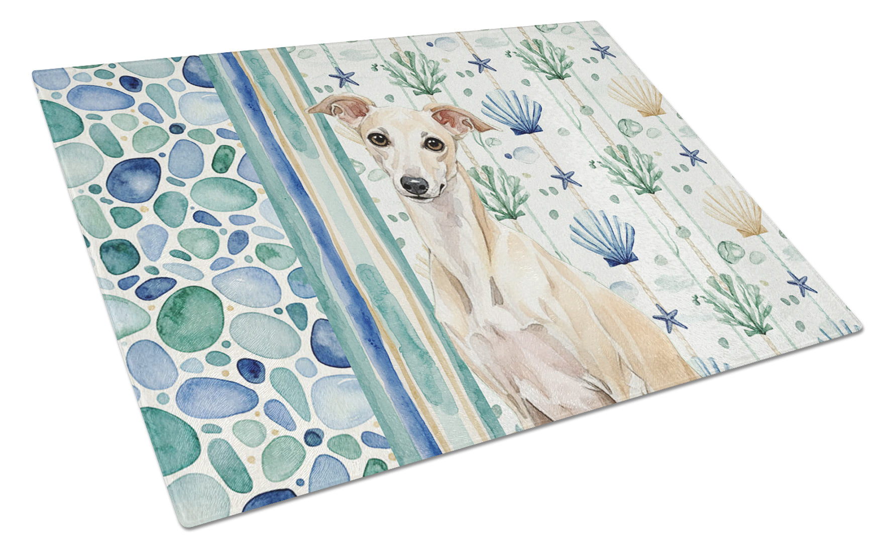 Cream Italian Greyhound Coastal Sea Glass Cutting Board Tempered Glass Kitchen Cutting Surface, Heat Resistant Chopping, Non-Slip Feet, Food Prep & Serving