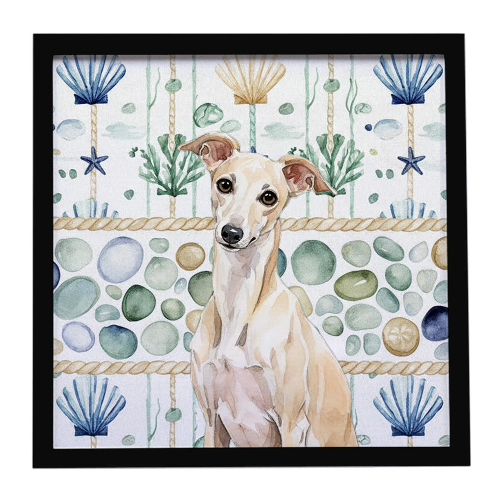 Cream Italian Greyhound Coastal Sea Glass Framed Metal Print Bathroom, Kitchen, Office, Home Decor Wall Art Ready to Hang, Square, 8X8