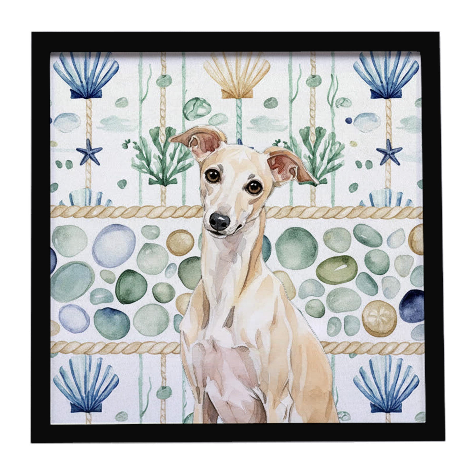 Cream Italian Greyhound Coastal Sea Glass Framed Metal Print Bathroom, Kitchen, Office, Home Decor Wall Art Ready to Hang, Square, 8X8