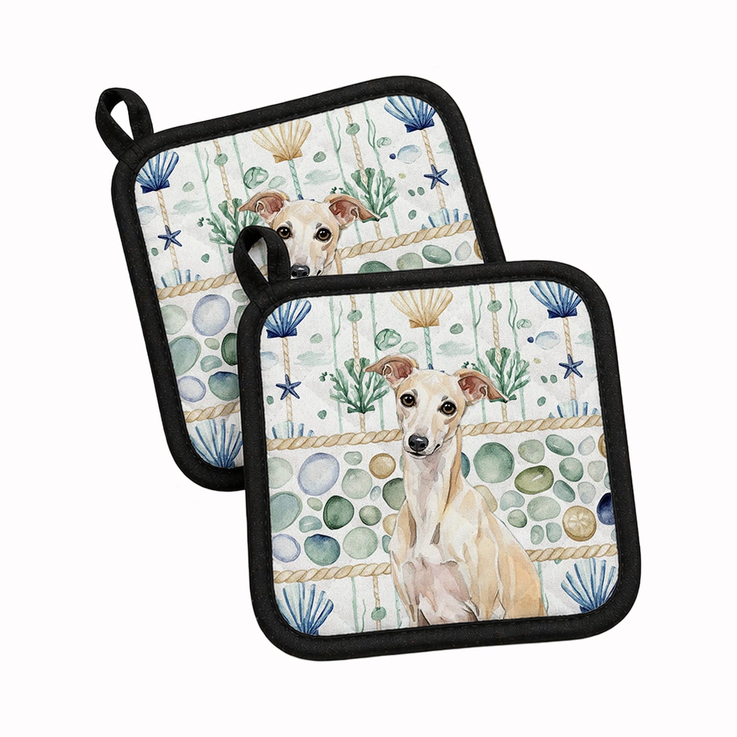 Cream Italian Greyhound Coastal Sea Glass Pot Holder Set of 2 Heat Resistant Quilted Hot Pads 7.5 x 7.5 Inch, Insulated Kitchen Trivets for Cooking & Baking
