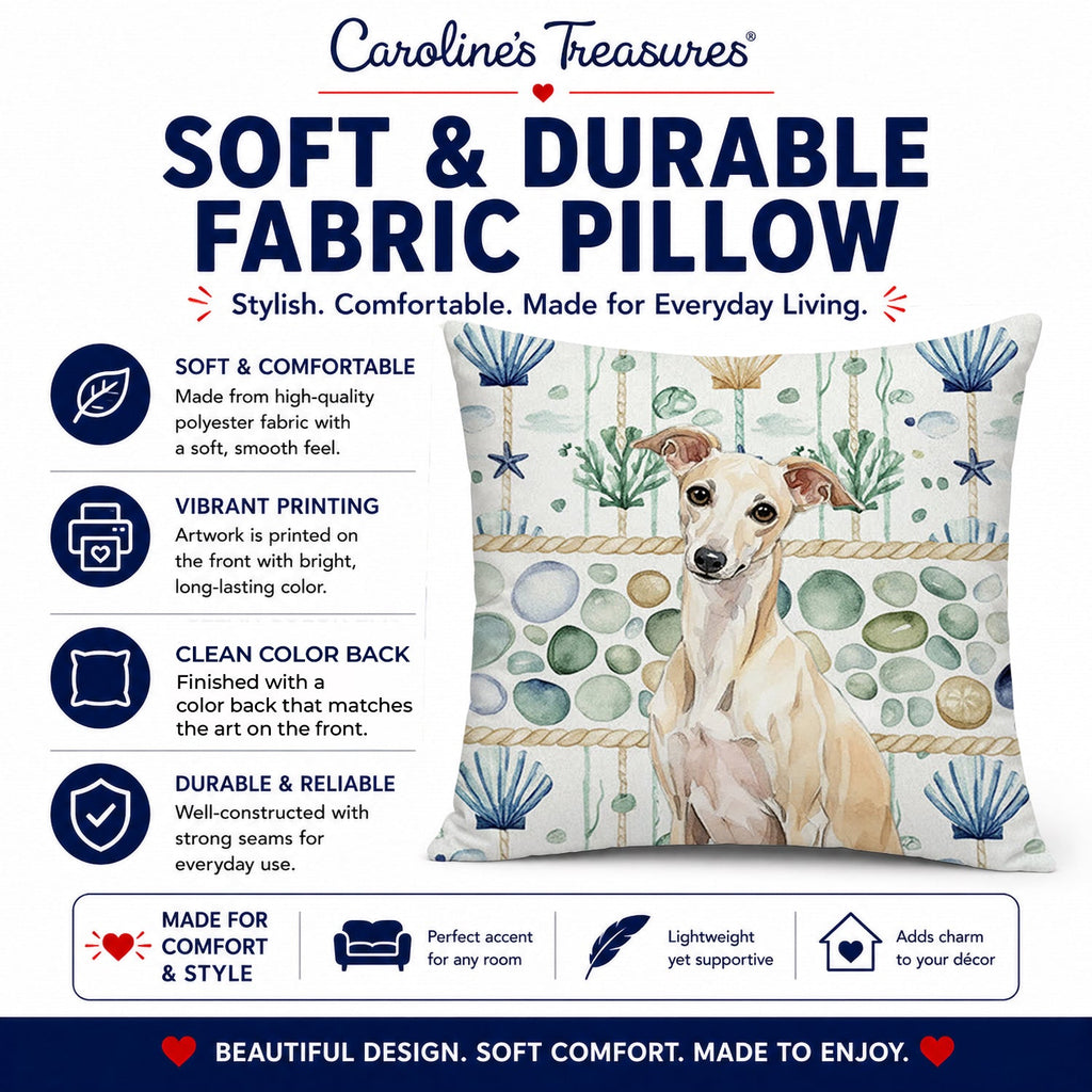 Cream Italian Greyhound Coastal Sea Glass Decorative Throw Pillow 18x18 Indoor Outdoor Accent Cushion, Fabric Cover with Insert for Sofa, Bed, Porch & Living Room