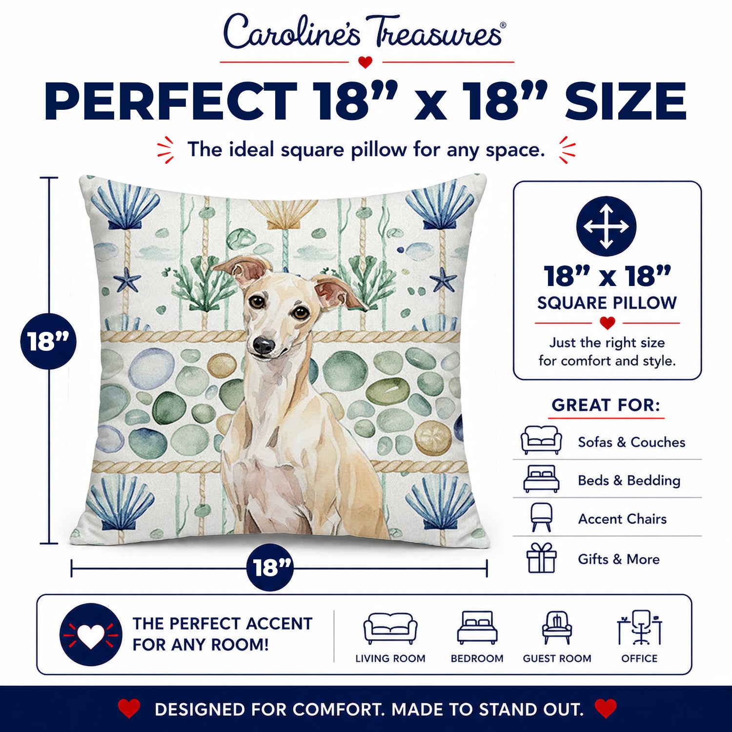 Cream Italian Greyhound Coastal Sea Glass Decorative Throw Pillow 18x18 Indoor Outdoor Accent Cushion, Fabric Cover with Insert for Sofa, Bed, Porch & Living Room
