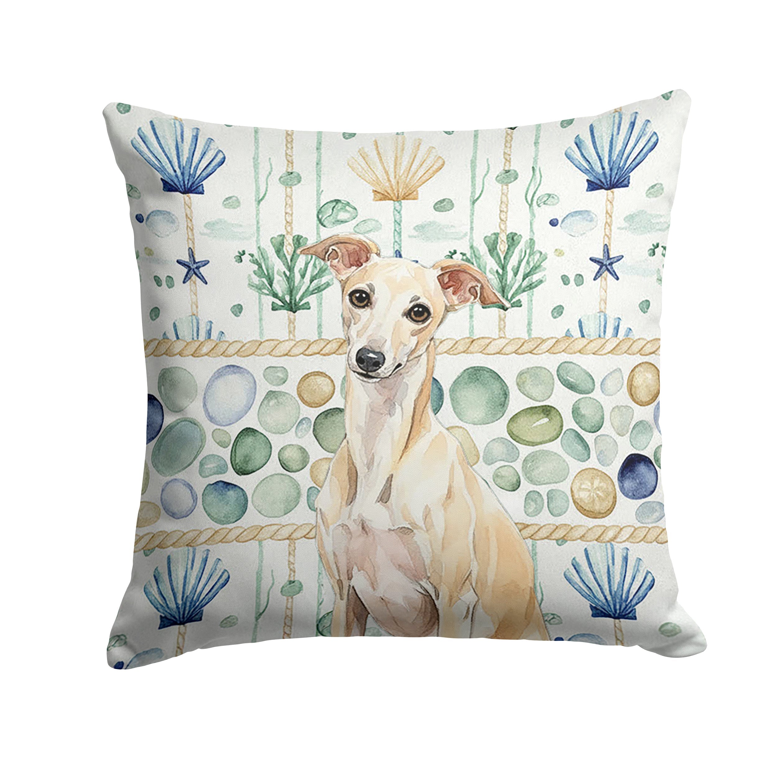 Cream Italian Greyhound Coastal Sea Glass Decorative Throw Pillow 18x18 Indoor Outdoor Accent Cushion, Fabric Cover with Insert for Sofa, Bed, Porch & Living Room