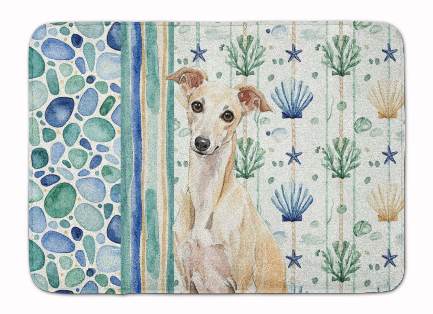 Cream Italian Greyhound Coastal Sea Glass Memory Foam Kitchen Mat Machine Washable Anti-Fatigue Cushion Comfort Bath or Kitchen Rug