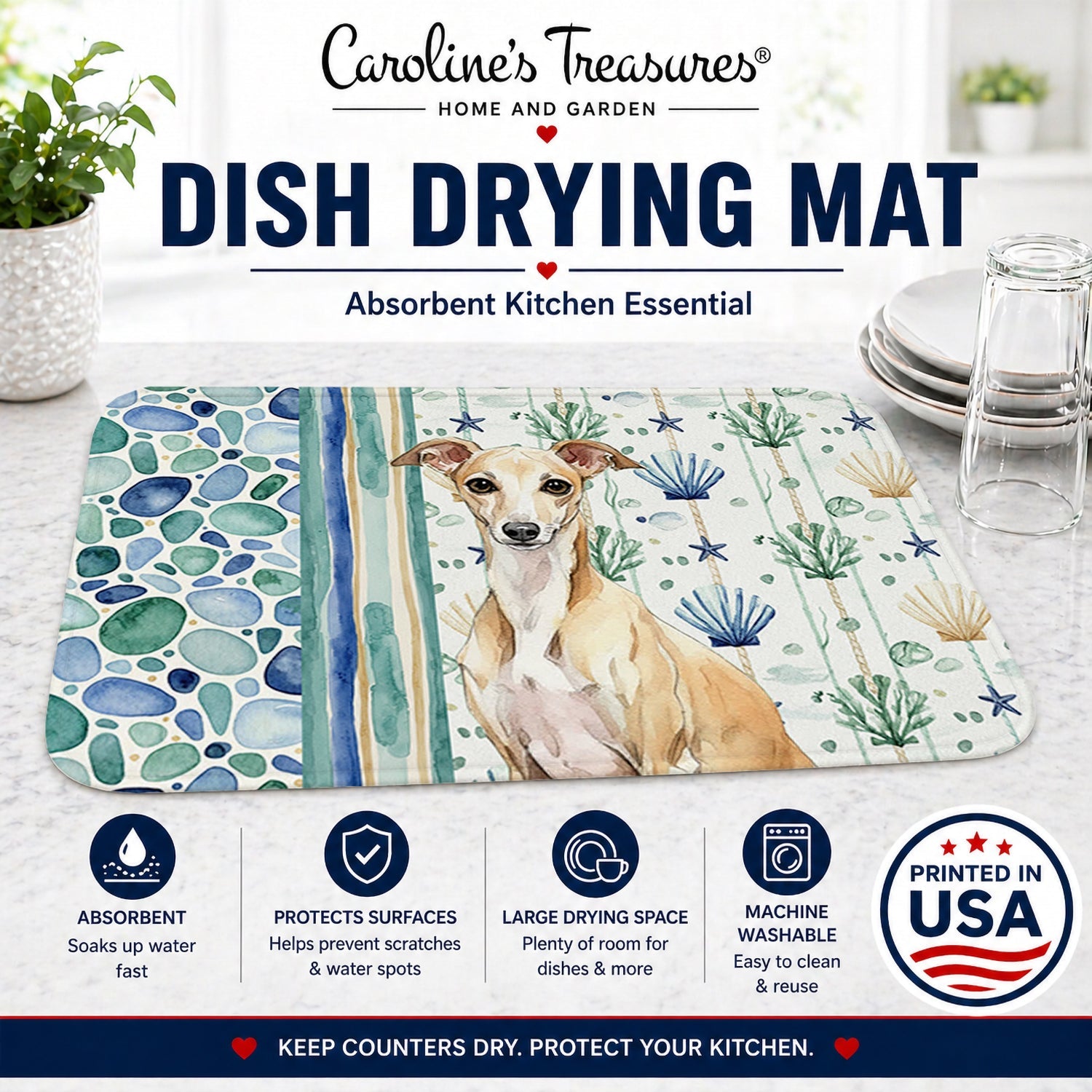 Fawn Italian Greyhound Coastal Sea Glass Dish Drying Mat Absorbent Dish Drying Mat Pad for Kitchen Counter Dish Drainer Mat for Countertop, 14 x 21", Multicolor