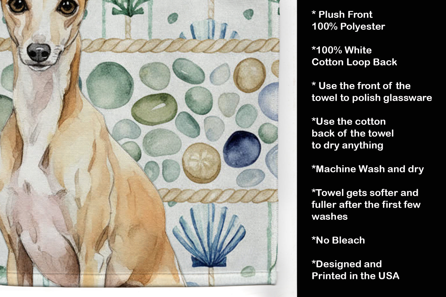 Fawn Italian Greyhound Coastal Sea Glass Kitchen Towel Velour Plush Front and Cotton Loop Back Machine Washable