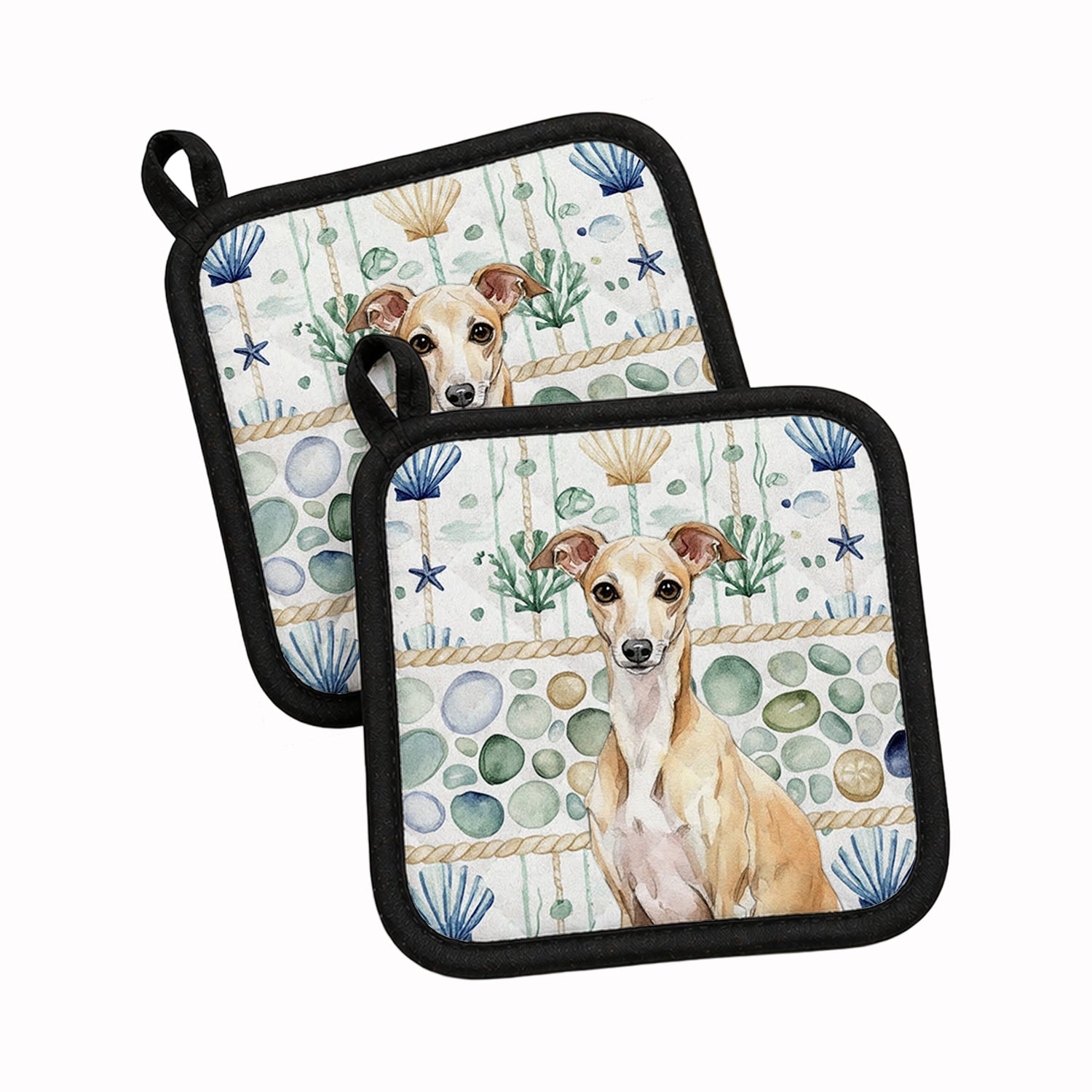 Fawn Italian Greyhound Coastal Sea Glass Pot Holder Set of 2 Heat Resistant Quilted Hot Pads 7.5 x 7.5 Inch, Insulated Kitchen Trivets for Cooking & Baking