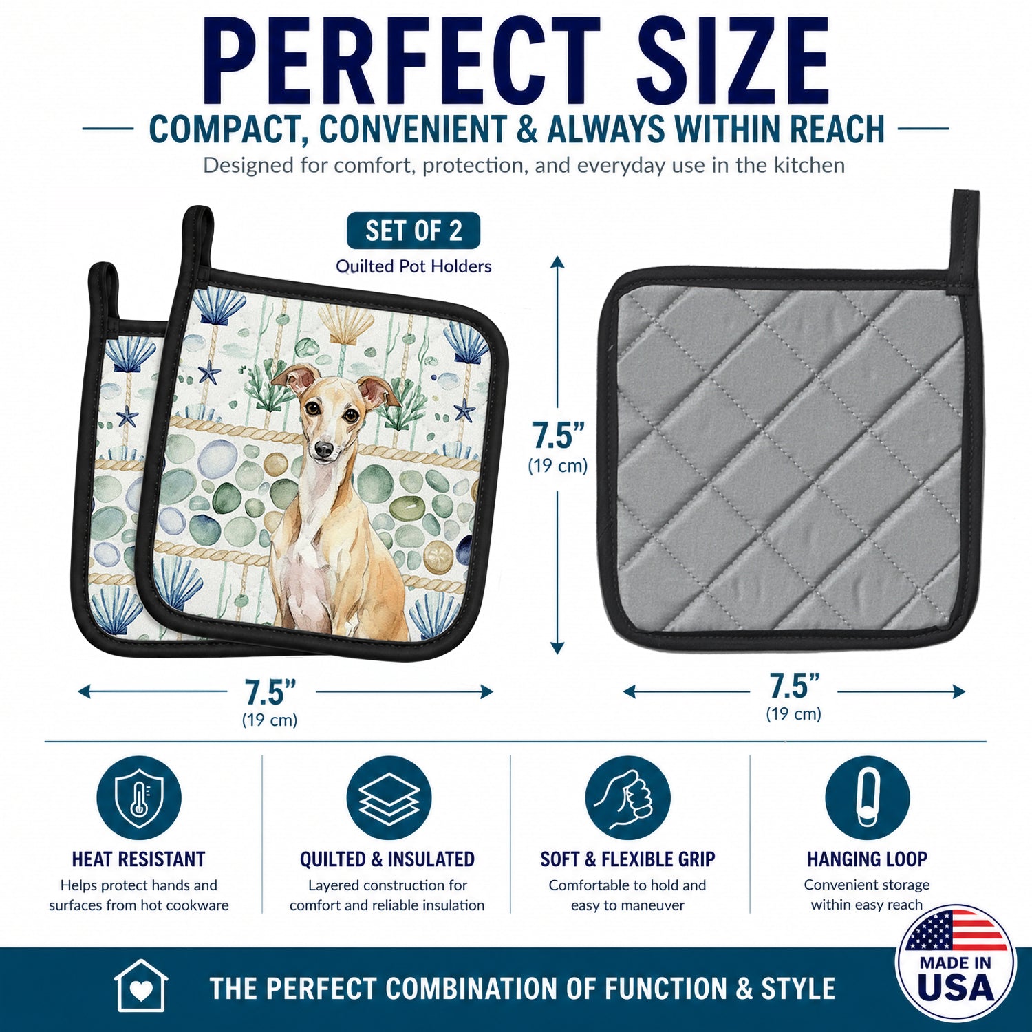 Fawn Italian Greyhound Coastal Sea Glass Pot Holder Set of 2 Heat Resistant Quilted Hot Pads 7.5 x 7.5 Inch, Insulated Kitchen Trivets for Cooking & Baking