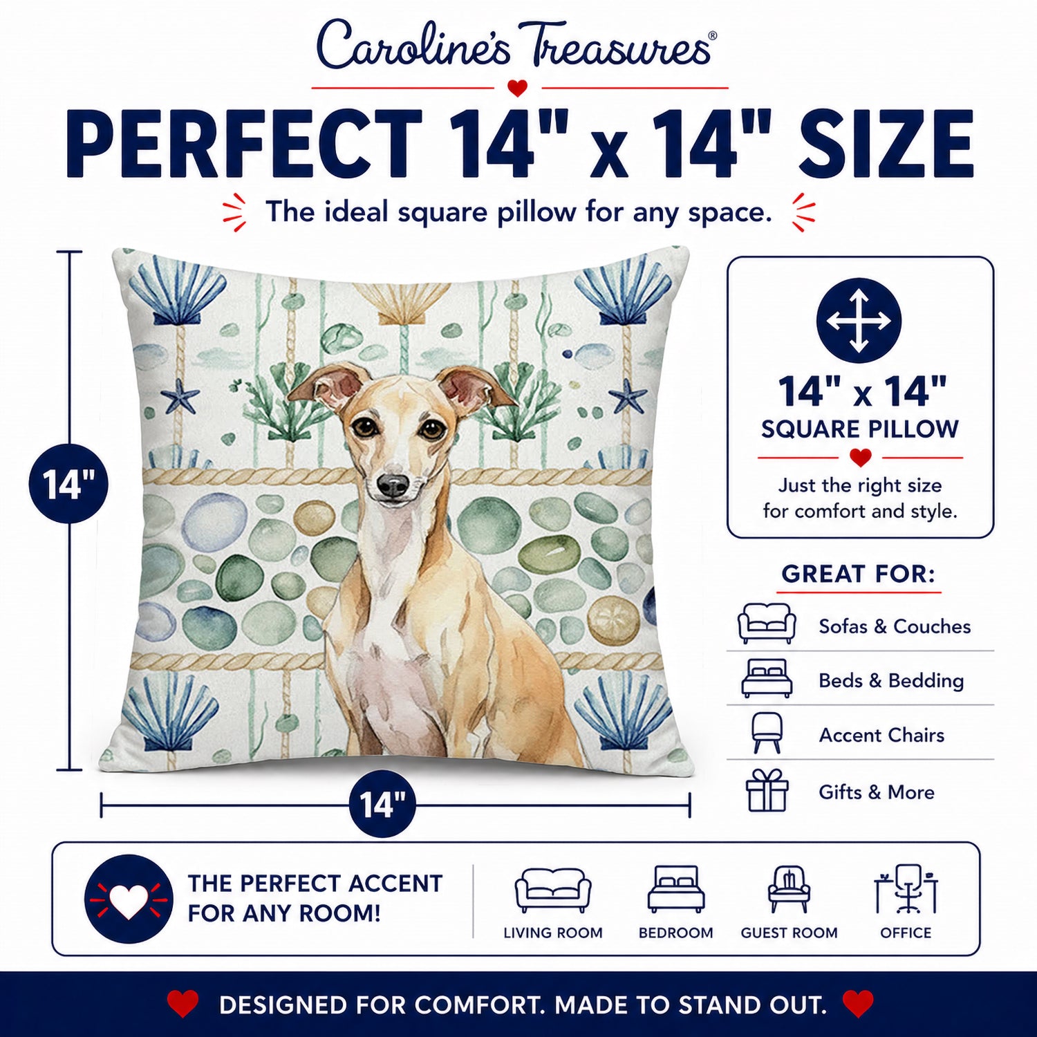 Fawn Italian Greyhound Coastal Sea Glass Decorative Throw Pillow 14x14 Indoor Outdoor Accent Cushion, Fabric Cover with Insert for Sofa, Bed, Porch & Living Room