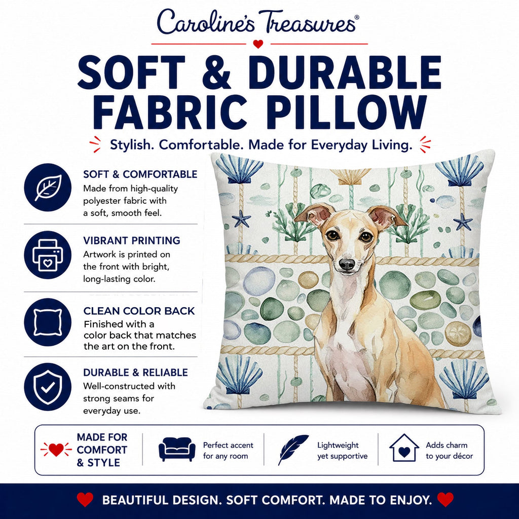 Fawn Italian Greyhound Coastal Sea Glass Decorative Throw Pillow 18x18 Indoor Outdoor Accent Cushion, Fabric Cover with Insert for Sofa, Bed, Porch & Living Room