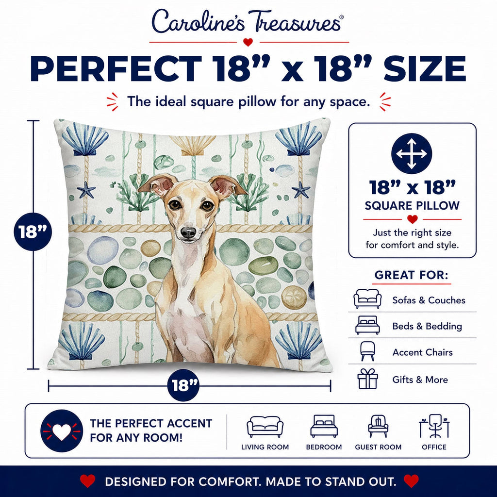 Fawn Italian Greyhound Coastal Sea Glass Decorative Throw Pillow 18x18 Indoor Outdoor Accent Cushion, Fabric Cover with Insert for Sofa, Bed, Porch & Living Room