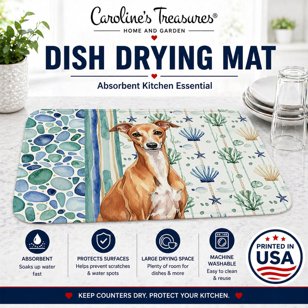 Red Italian Greyhound Coastal Sea Glass Dish Drying Mat Absorbent Dish Drying Mat Pad for Kitchen Counter Dish Drainer Mat for Countertop, 14 x 21", Multicolor