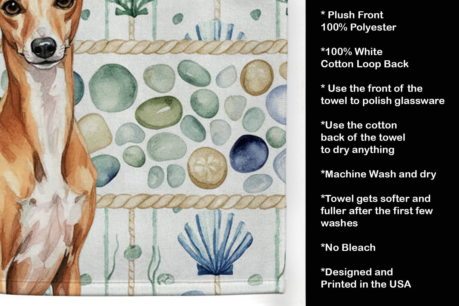 Red Italian Greyhound Coastal Sea Glass Kitchen Towel Velour Plush Front and Cotton Loop Back Machine Washable