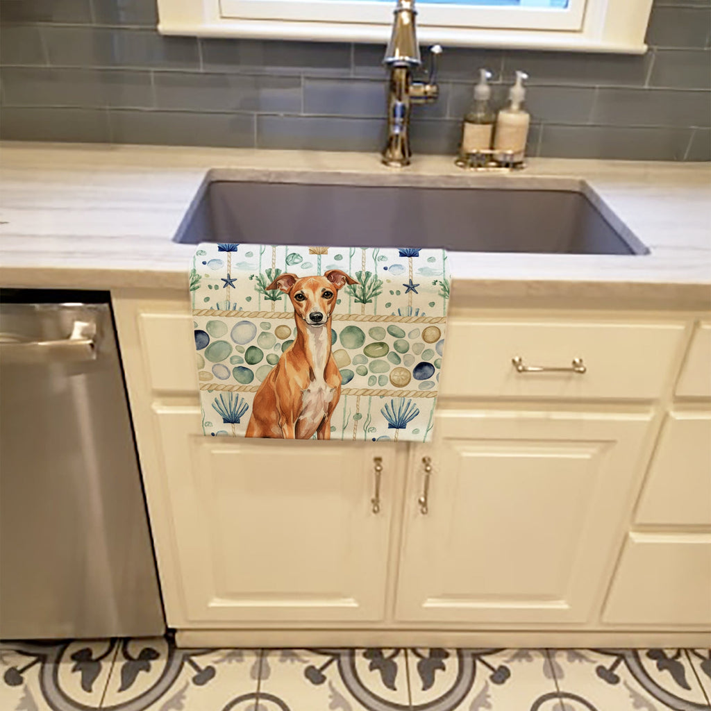 Red Italian Greyhound Coastal Sea Glass Kitchen Towel Velour Plush Front and Cotton Loop Back Machine Washable