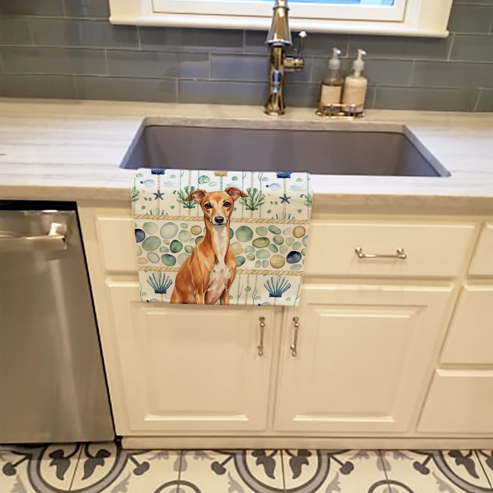 Red Italian Greyhound Coastal Sea Glass Kitchen Towel Velour Plush Front and Cotton Loop Back Machine Washable