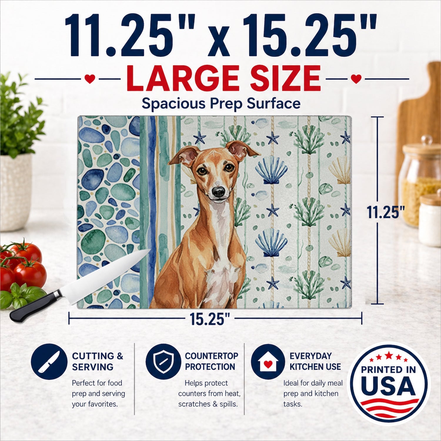Red Italian Greyhound Coastal Sea Glass Cutting Board Tempered Glass Kitchen Cutting Surface, Heat Resistant Chopping, Non-Slip Feet, Food Prep & Serving