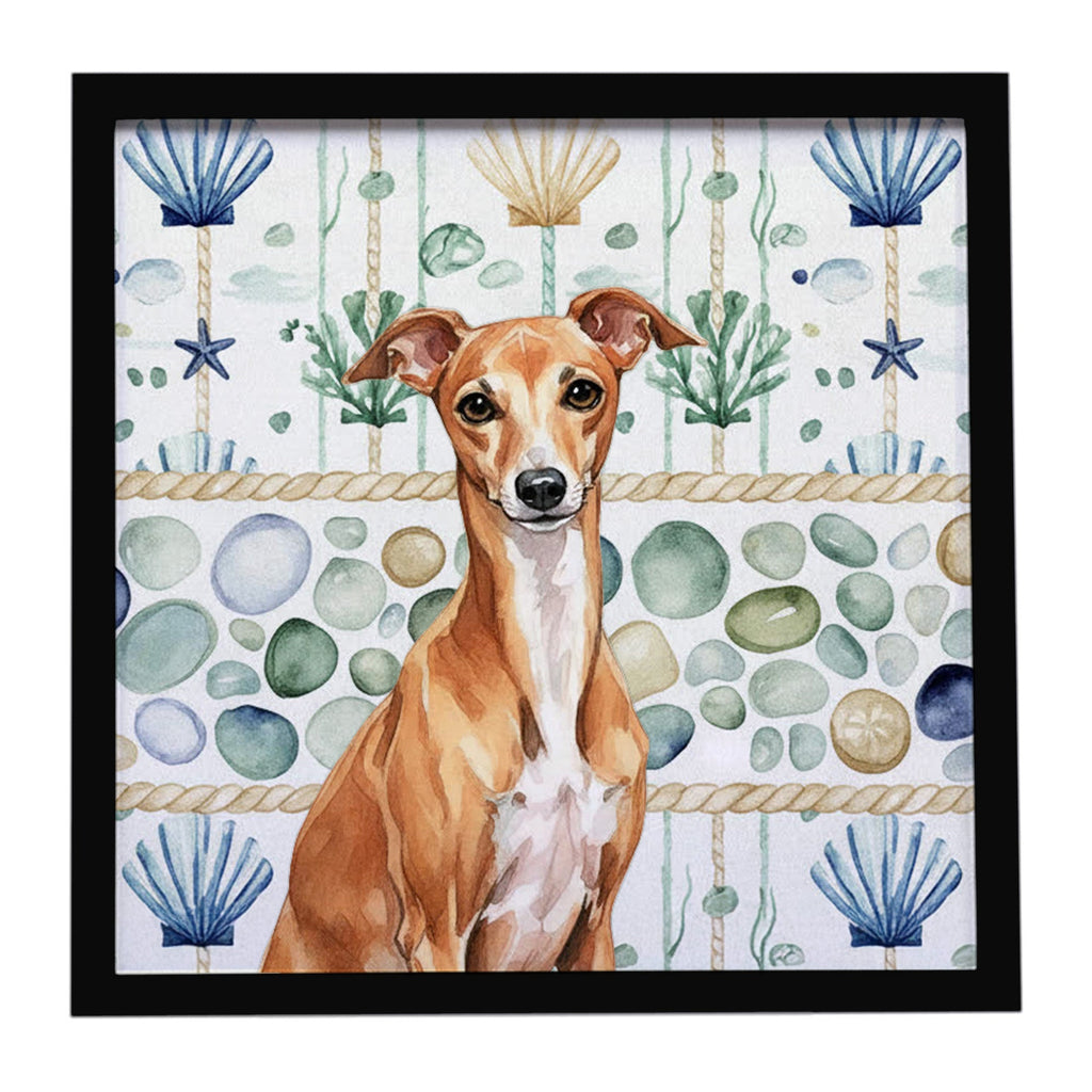 Red Italian Greyhound Coastal Sea Glass Framed Metal Print Bathroom, Kitchen, Office, Home Decor Wall Art Ready to Hang, Square, 8X8