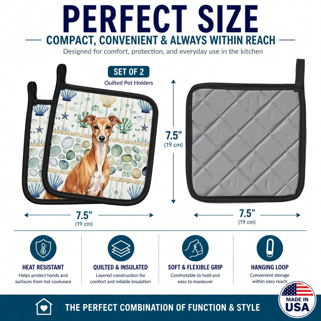 Red Italian Greyhound Coastal Sea Glass Pot Holder Set of 2 Heat Resistant Quilted Hot Pads 7.5 x 7.5 Inch, Insulated Kitchen Trivets for Cooking & Baking