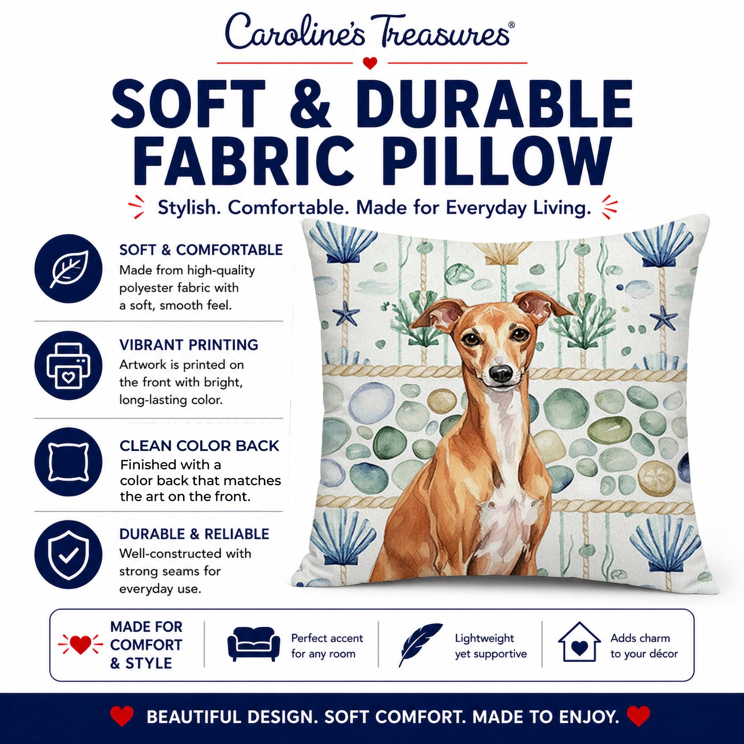 Red Italian Greyhound Coastal Sea Glass Decorative Throw Pillow 18x18 Indoor Outdoor Accent Cushion, Fabric Cover with Insert for Sofa, Bed, Porch & Living Room