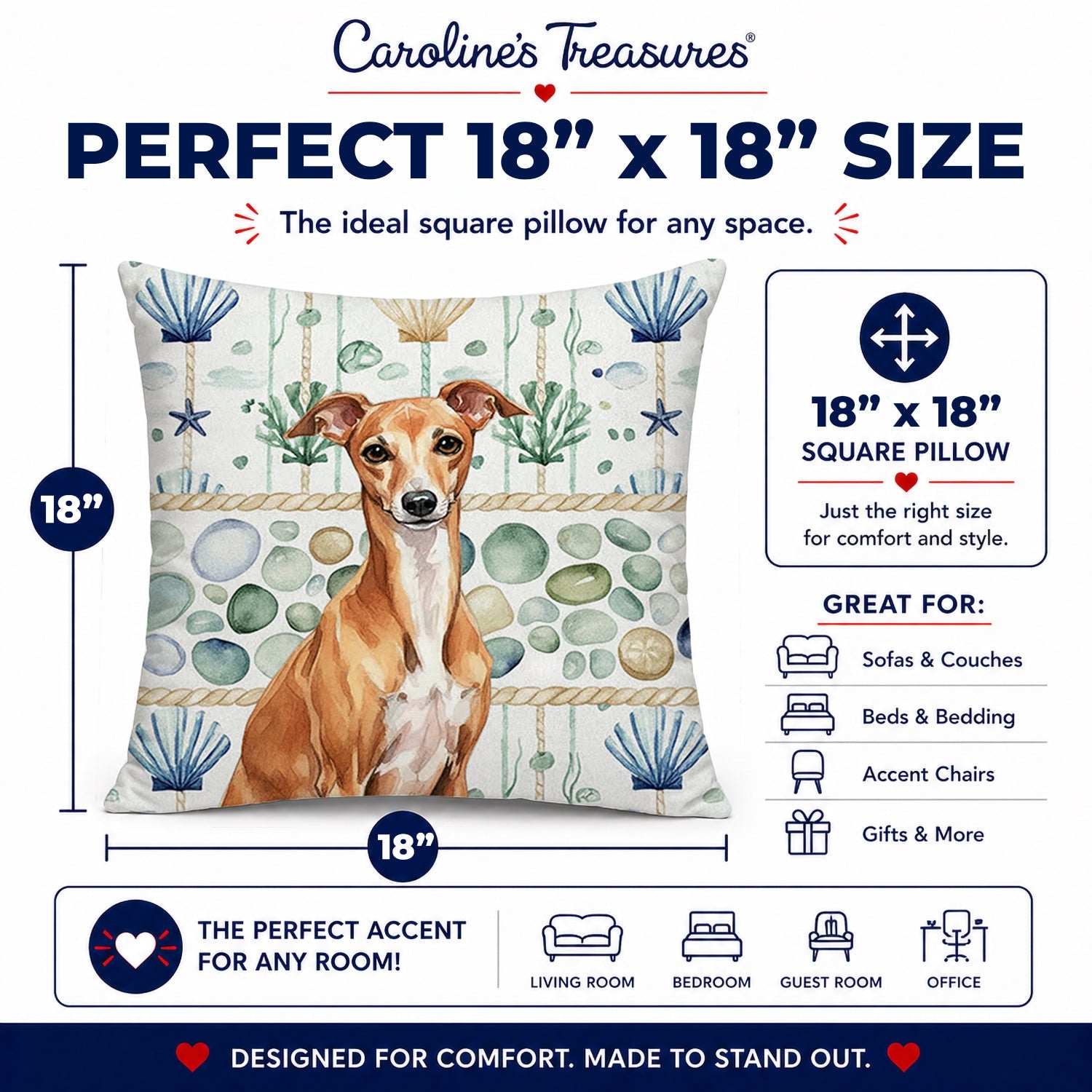 Red Italian Greyhound Coastal Sea Glass Decorative Throw Pillow 18x18 Indoor Outdoor Accent Cushion, Fabric Cover with Insert for Sofa, Bed, Porch & Living Room
