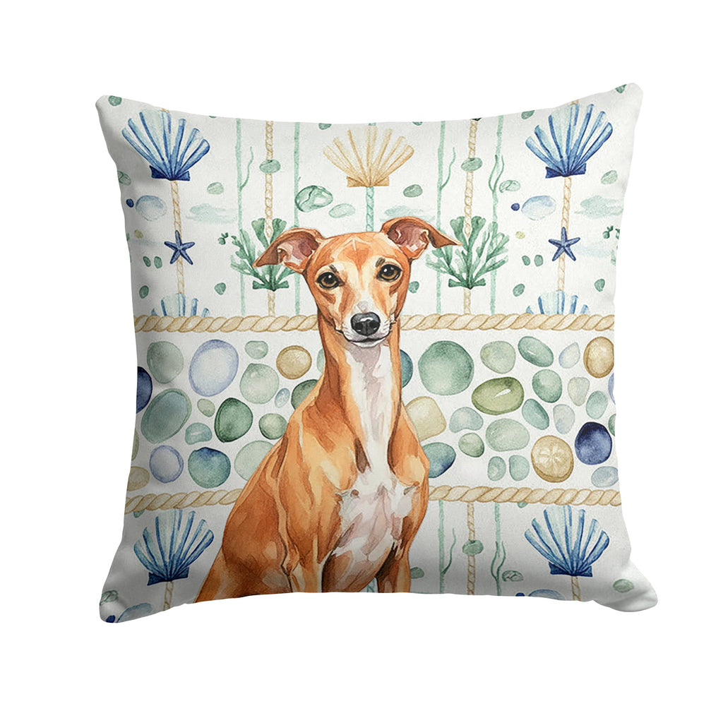 Red Italian Greyhound Coastal Sea Glass Decorative Throw Pillow 18x18 Indoor Outdoor Accent Cushion, Fabric Cover with Insert for Sofa, Bed, Porch & Living Room