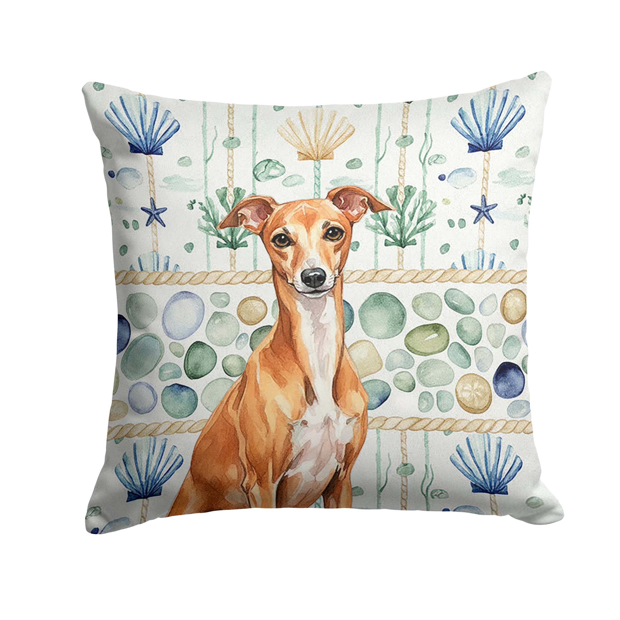 Red Italian Greyhound Coastal Sea Glass Decorative Throw Pillow 18x18 Indoor Outdoor Accent Cushion, Fabric Cover with Insert for Sofa, Bed, Porch & Living Room
