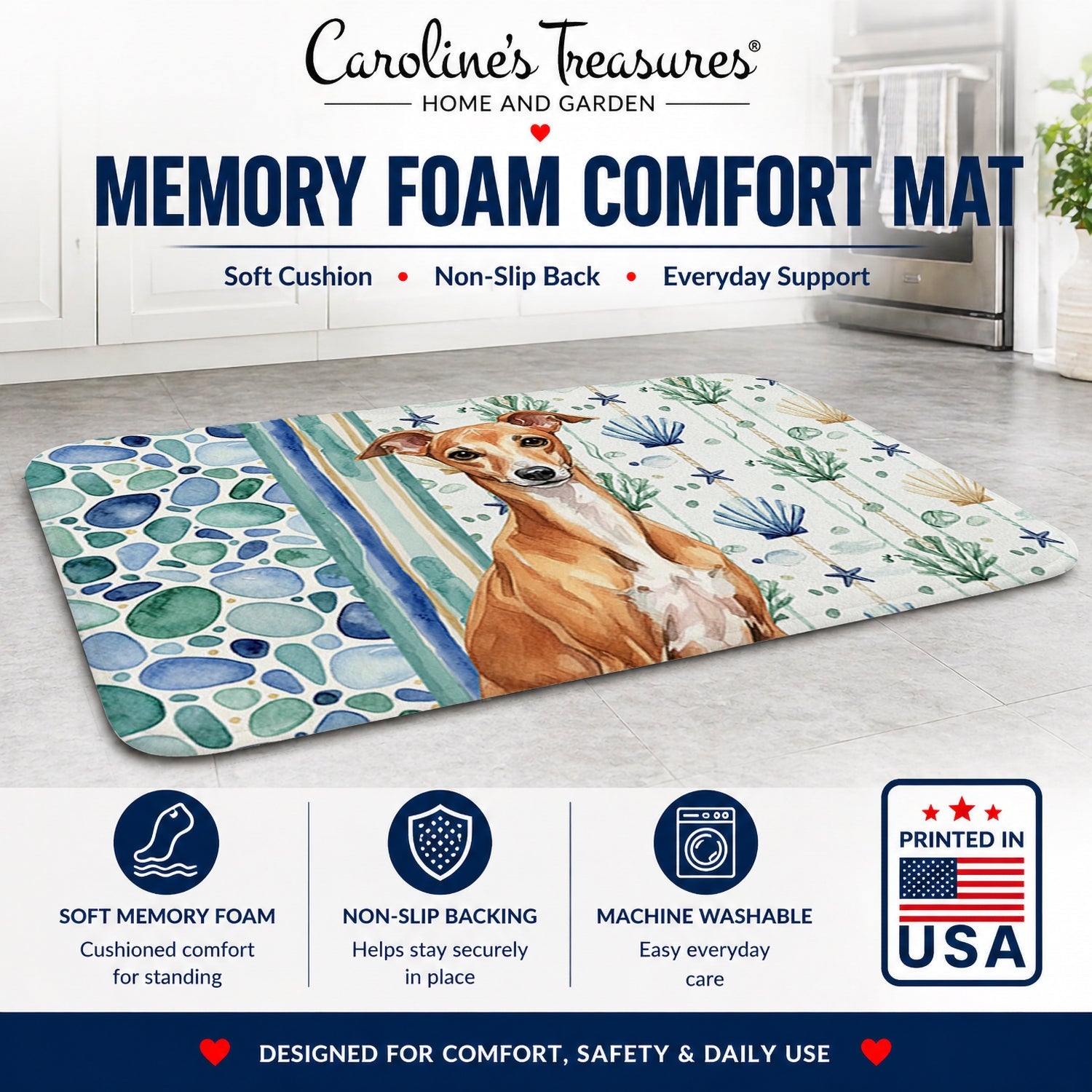 Red Italian Greyhound Coastal Sea Glass Memory Foam Kitchen Mat Machine Washable Anti-Fatigue Cushion Comfort Bath or Kitchen Rug
